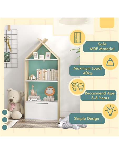 AIYAPLAY Kids Bookshelf with 3 Shelves, Drawer, Anti-tip Device, Anti-Slip Foot Cover, for Kids Room, Green 311-069V80GN - pic 93885 | FastDaddyshop