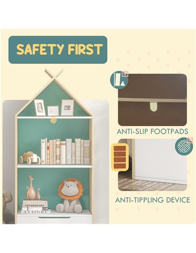 AIYAPLAY Kids Bookshelf with 3 Shelves, Drawer, Anti-tip Device, Anti-Slip Foot Cover, for Kids Room, Green 311-069V80GN