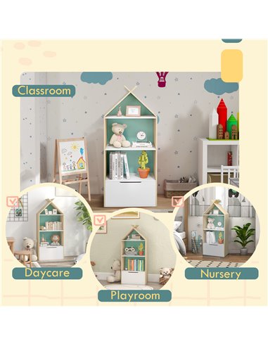 AIYAPLAY Kids Bookshelf with 3 Shelves, Drawer, Anti-tip Device, Anti-Slip Foot Cover, for Kids Room, Green 311-069V80GN