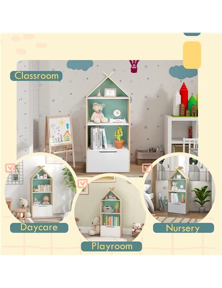 AIYAPLAY Kids Bookshelf with 3 Shelves, Drawer, Anti-tip Device, Anti-Slip Foot Cover, for Kids Room, Green 311-069V80GN - pic 93887 | FastDaddyshop