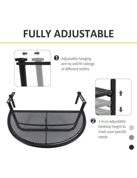 Outsunny Semi-Circular Attachable Balcony Hanging Coffee Table Adjustable Side Metal Table - pic 9390 | FastDaddyshop