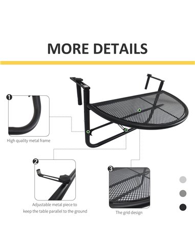 Outsunny Semi-Circular Attachable Balcony Hanging Coffee Table Adjustable Side Metal Table