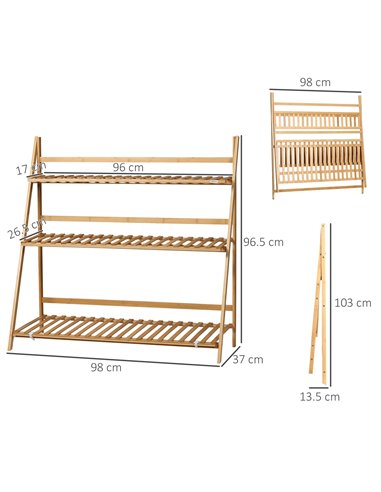 Outsunny Bamboo Plant Stand: 3-Tier Folding Display Shelf Rack for Indoor Greenery, Natural Finish, 98x37x96.5cm 845-812V00ND