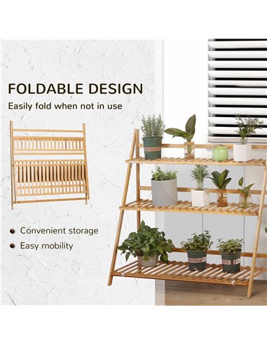 Outsunny Bamboo Plant Stand: 3-Tier Folding Display Shelf Rack for Indoor Greenery, Natural Finish, 98x37x96.5cm 845-812V00ND