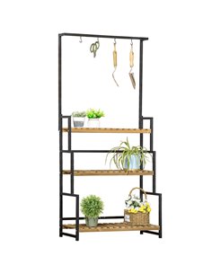 Outsunny 3 Tiered Plant Stand with Hanging Hooks, Flower Rack Shelf for Indoor Outdoor Porch Balcony Living Room Bedroom 845-788