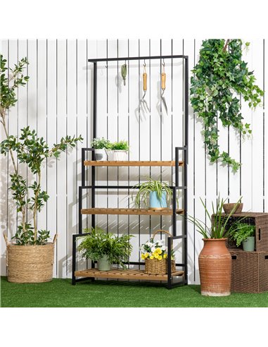 Outsunny 3 Tiered Plant Stand with Hanging Hooks, Flower Rack Shelf for Indoor Outdoor Porch Balcony Living Room Bedroom 845-788