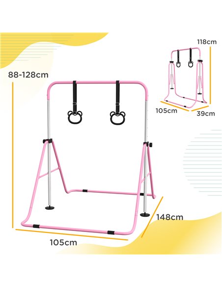 HOMCOM Adjustable Height, Foldable Kids Gymnastics Bar w/ Non-Slip Mats, for 3+ Years, Pink 340-016V00PK - pic 94009 | FastDaddyshop