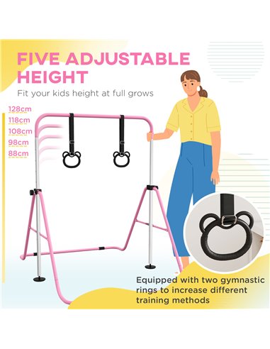 HOMCOM Adjustable Height, Foldable Kids Gymnastics Bar w/ Non-Slip Mats, for 3+ Years, Pink 340-016V00PK