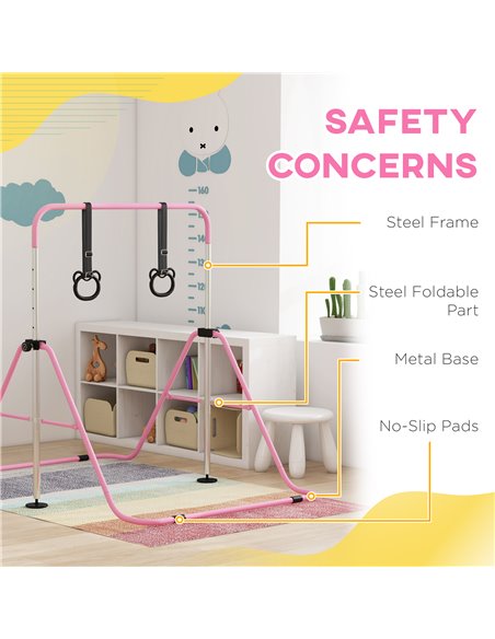 HOMCOM Adjustable Height, Foldable Kids Gymnastics Bar w/ Non-Slip Mats, for 3+ Years, Pink 340-016V00PK - pic 94011 | FastDaddyshop