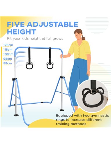 HOMCOM Adjustable Height, Foldable Kids Gymnastics Bar w/ Non-Slip Mats, for 3+ Years, Blue 340-016V00BU