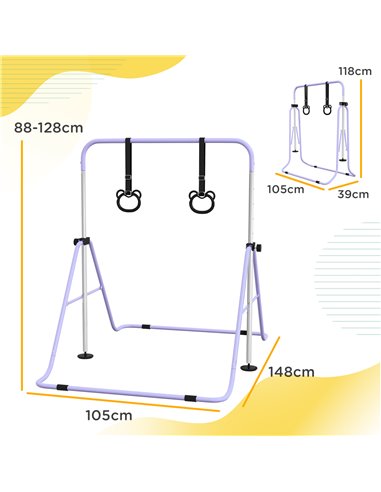 HOMCOM Adjustable Height, Foldable Kids Gymnastics Bar w/ Non-Slip Mats, for 3+ Years, Purple 340-016V00VT