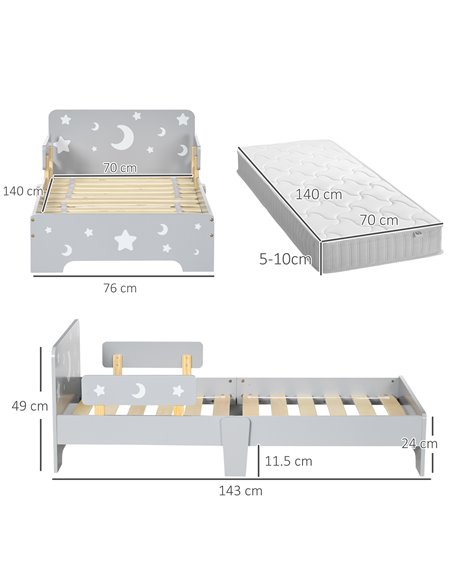 ZONEKIZ Kids Toddler Bed with Star & Moon Patterns, Safety Side Rails Slats, Kids Bedroom Furniture for 3-6 Years Old, Grey, 143 - pic 94045 | FastDaddyshop