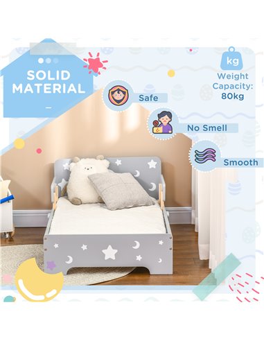 ZONEKIZ Kids Toddler Bed with Star & Moon Patterns, Safety Side Rails Slats, Kids Bedroom Furniture for 3-6 Years Old, Grey, 143