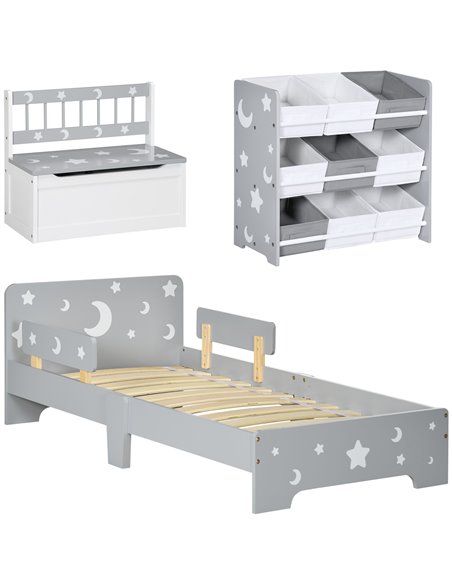 ZONEKIZ 3PCs Kids Furniture Bedroom Set with Bed, Toy Box Bench, Storage Unit with Baskets, Star and Moon Patterns, for 3-6 Year - pic 94052 | FastDaddyshop