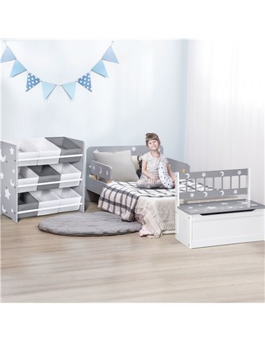 ZONEKIZ 3PCs Kids Furniture Bedroom Set with Bed, Toy Box Bench, Storage Unit with Baskets, Star and Moon Patterns, for 3-6 Year