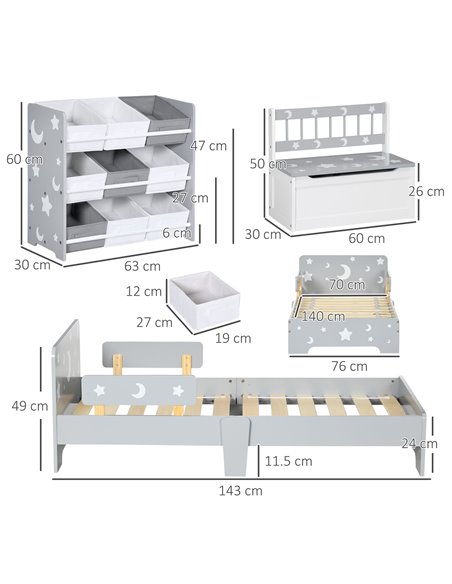 ZONEKIZ 3PCs Kids Furniture Bedroom Set with Bed, Toy Box Bench, Storage Unit with Baskets, Star and Moon Patterns, for 3-6 Year - pic 94054 | FastDaddyshop