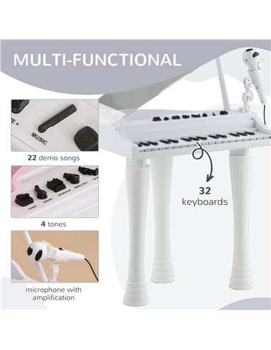 AIYAPLAY Children's 32-Key Electronic Piano Keyboard w/ Stool, Interactive Lights, Microphone, Variety of Sounds for Kids, White