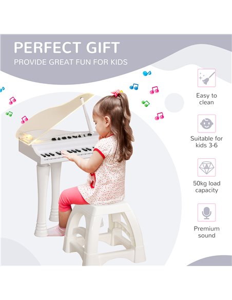 AIYAPLAY Children's 32-Key Electronic Piano Keyboard w/ Stool, Interactive Lights, Microphone, Variety of Sounds for Kids, White - pic 94092 | FastDaddyshop