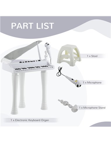 AIYAPLAY Children's 32-Key Electronic Piano Keyboard w/ Stool, Interactive Lights, Microphone, Variety of Sounds for Kids, White