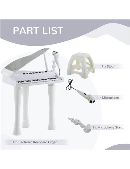 AIYAPLAY Children's 32-Key Electronic Piano Keyboard w/ Stool, Interactive Lights, Microphone, Variety of Sounds for Kids, White - pic 94094 | FastDaddyshop