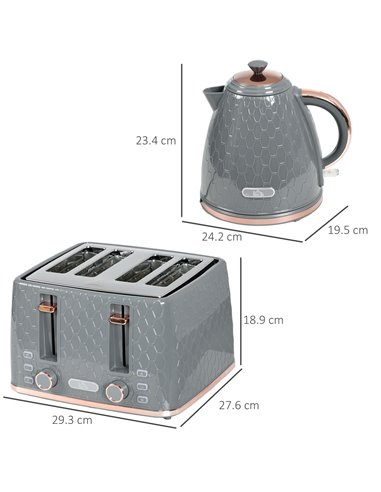 HOMCOM 1.7L 3000W Fast Boil Kettle & 4 Slice Toaster Set, Kettle and Toaster Set with 7 Browning Controls, Crumb Tray, Grey 800-