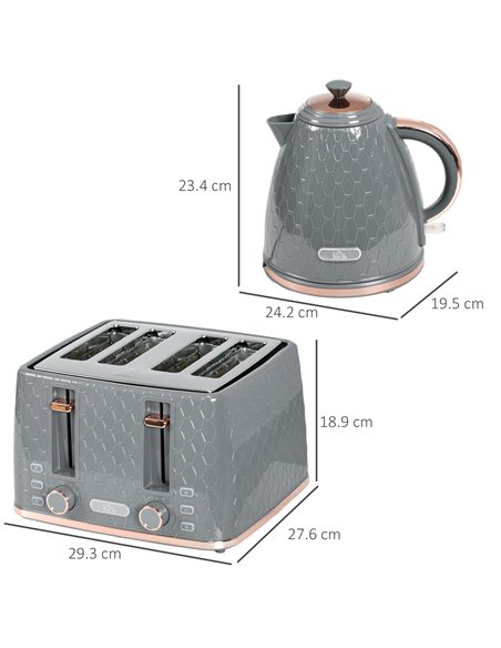 HOMCOM 1.7L 3000W Fast Boil Kettle & 4 Slice Toaster Set, Kettle and Toaster Set with 7 Browning Controls, Crumb Tray, Grey 800- - pic 94117 | FastDaddyshop