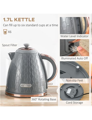 HOMCOM 1.7L 3000W Fast Boil Kettle & 4 Slice Toaster Set, Kettle and Toaster Set with 7 Browning Controls, Crumb Tray, Grey 800-