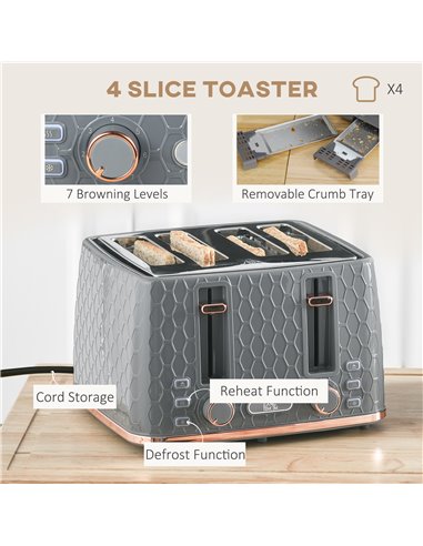 HOMCOM 1.7L 3000W Fast Boil Kettle & 4 Slice Toaster Set, Kettle and Toaster Set with 7 Browning Controls, Crumb Tray, Grey 800-