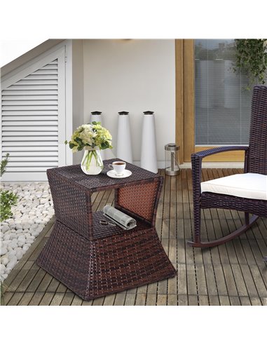 Outsunny Outdoor Patio Rattan Wicker Coffee Table Bistro Side Table w/ Umbrella Hole and Storage Space, Brown