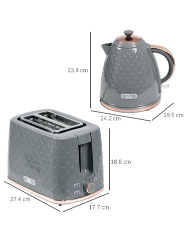 HOMCOM 1.7L 3000W Fast Boil Kettle & 2 Slice Toaster Set, Kettle and Toaster Set with Auto Shut Off, Browning Controls, Grey 800