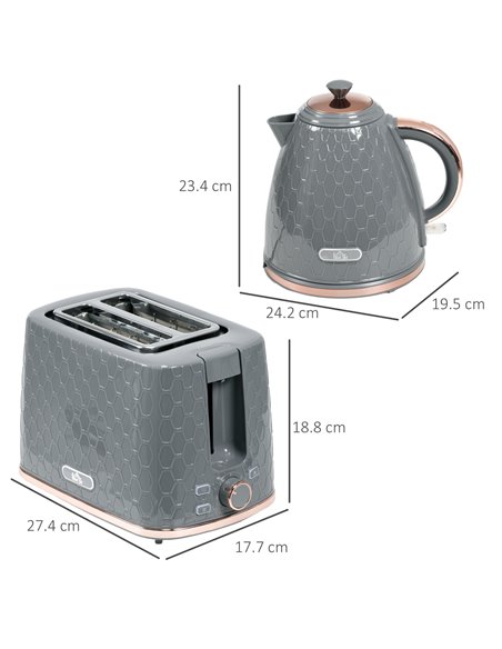 HOMCOM 1.7L 3000W Fast Boil Kettle & 2 Slice Toaster Set, Kettle and Toaster Set with Auto Shut Off, Browning Controls, Grey 800 - pic 94126 | FastDaddyshop