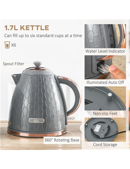 HOMCOM 1.7L 3000W Fast Boil Kettle & 2 Slice Toaster Set, Kettle and Toaster Set with Auto Shut Off, Browning Controls, Grey 800 - pic 94127 | FastDaddyshop