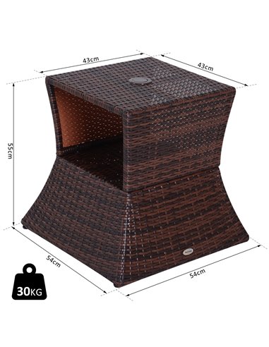 Outsunny Outdoor Patio Rattan Wicker Coffee Table Bistro Side Table w/ Umbrella Hole and Storage Space, Brown