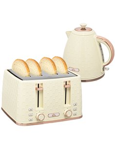 HOMCOM Cream Kettle and Toaster, 1.7L 3000W Fast Boil Jug Kettle w/ Auto Shut Off, 4 Slice Toaster w/ 7 Level Browning Controls 