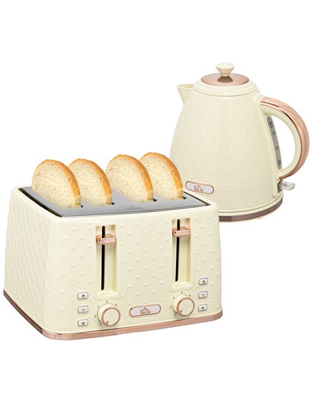HOMCOM Cream Kettle and Toaster, 1.7L 3000W Fast Boil Jug Kettle w/ Auto Shut Off, 4 Slice Toaster w/ 7 Level Browning Controls  - pic 94133 | FastDaddyshop