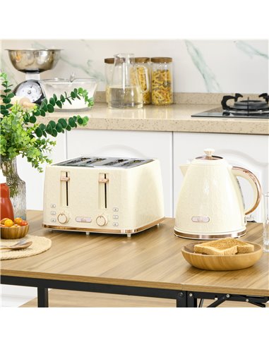 HOMCOM Cream Kettle and Toaster, 1.7L 3000W Fast Boil Jug Kettle w/ Auto Shut Off, 4 Slice Toaster w/ 7 Level Browning Controls 