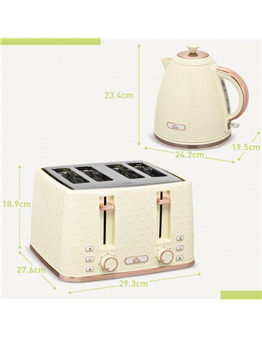 HOMCOM Cream Kettle and Toaster, 1.7L 3000W Fast Boil Jug Kettle w/ Auto Shut Off, 4 Slice Toaster w/ 7 Level Browning Controls 