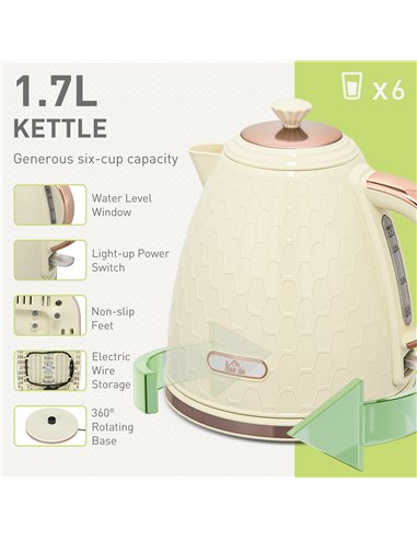 HOMCOM Cream Kettle and Toaster, 1.7L 3000W Fast Boil Jug Kettle w/ Auto Shut Off, 4 Slice Toaster w/ 7 Level Browning Controls 