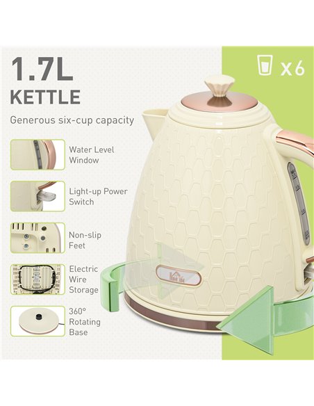 HOMCOM Cream Kettle and Toaster, 1.7L 3000W Fast Boil Jug Kettle w/ Auto Shut Off, 4 Slice Toaster w/ 7 Level Browning Controls  - pic 94136 | FastDaddyshop