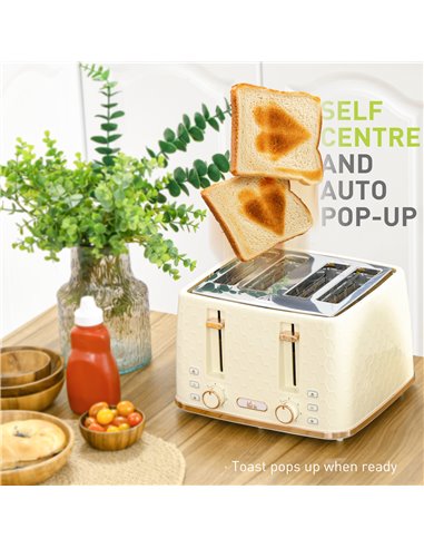 HOMCOM Cream Kettle and Toaster, 1.7L 3000W Fast Boil Jug Kettle w/ Auto Shut Off, 4 Slice Toaster w/ 7 Level Browning Controls 