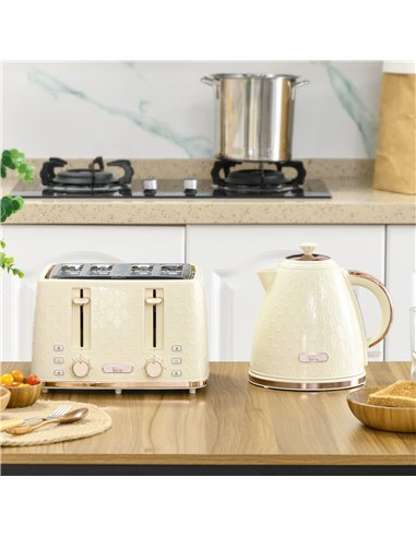 HOMCOM Cream Kettle and Toaster, 1.7L 3000W Fast Boil Jug Kettle w/ Auto Shut Off, 4 Slice Toaster w/ 7 Level Browning Controls 