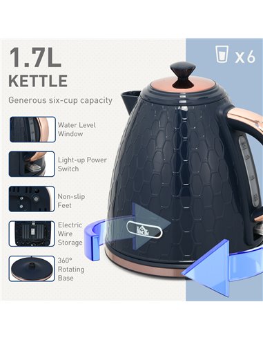 HOMCOM Kettle and Toaster Set, 1.7L 3000W Fast Boil Jug Kettle with Auto Shut Off, 4 Slice Toaster with 7 Level Browning Control