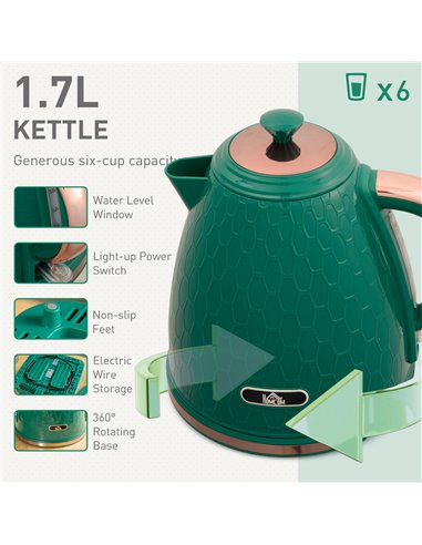 HOMCOM Kettle and Toaster Set, 1.7L 3000W Fast Boil Jug Kettle with Auto Shut Off, 4 Slice Toaster with 7 Level Browning Control