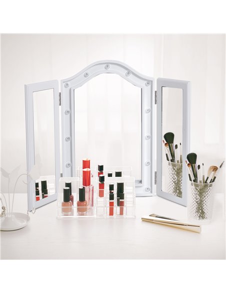 HOMCOM Lighted Vanity Mirror, Trifold Freestanding Tabletop Cosmetic Mirror with 16 LED Lights, Battery Operated, Foldable, Whit - pic 94178 | FastDaddyshop