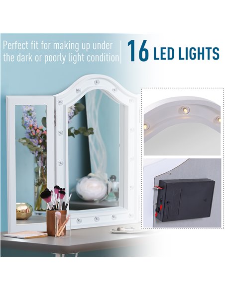 HOMCOM Lighted Vanity Mirror, Trifold Freestanding Tabletop Cosmetic Mirror with 16 LED Lights, Battery Operated, Foldable, Whit - pic 94181 | FastDaddyshop