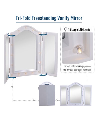 HOMCOM Lighted Vanity Mirror, Trifold Freestanding Tabletop Cosmetic Mirror with 16 LED Lights, Battery Operated, Foldable, Whit