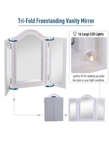 HOMCOM Lighted Vanity Mirror, Trifold Freestanding Tabletop Cosmetic Mirror with 16 LED Lights, Battery Operated, Foldable, Whit - pic 94182 | FastDaddyshop