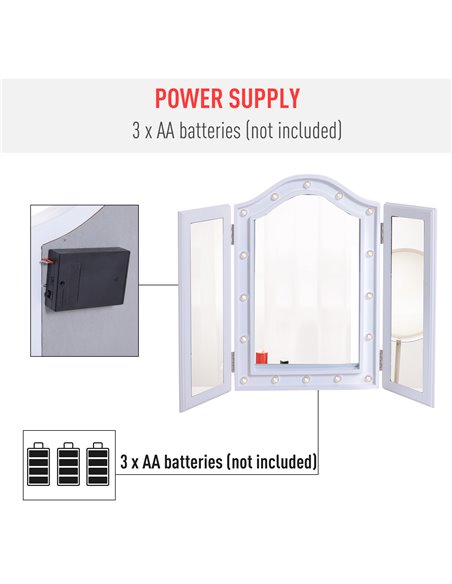 HOMCOM Lighted Vanity Mirror, Trifold Freestanding Tabletop Cosmetic Mirror with 16 LED Lights, Battery Operated, Foldable, Whit - pic 94183 | FastDaddyshop