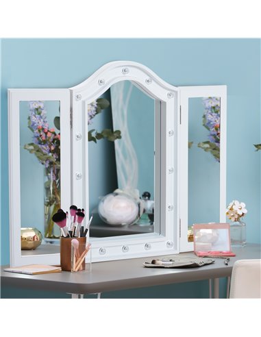 HOMCOM Lighted Vanity Mirror, Trifold Freestanding Tabletop Cosmetic Mirror with 16 LED Lights, Battery Operated, Foldable, Whit