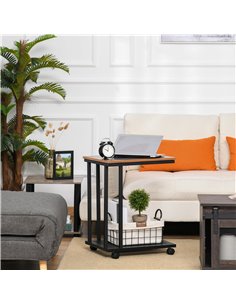 Homcom C-Shaped Side Table with Wheels, Metal Frame and Storage Shelf, Rustic Brown 2